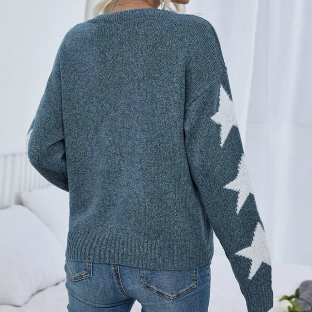 Boho dusty blue stars print sleeve knit sweater top - Picture 3 of 6